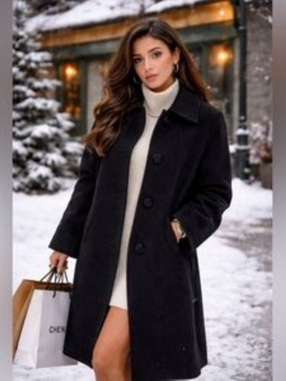 Classic black textured long wool-blend coat with slip pockets size L